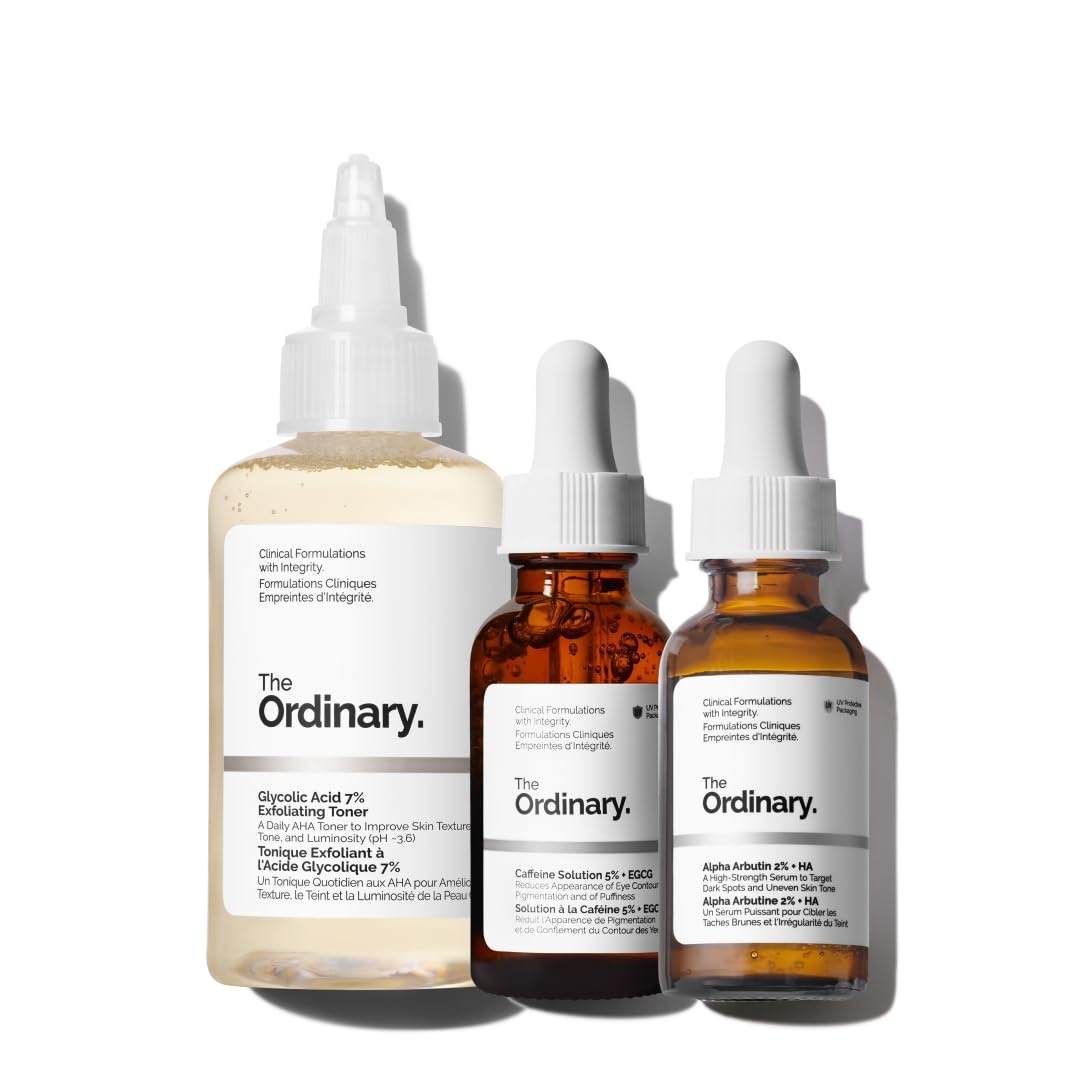 image:imageThe Ordinary The Bright Set 3Step Regimen for Radiant Even Skin Tone with Glycolic Acid 7 Exfoliating Toner Alpha Arbutin 2 HA and Caffeine Solution 5 EGCG Eye Serum Skin Care Set