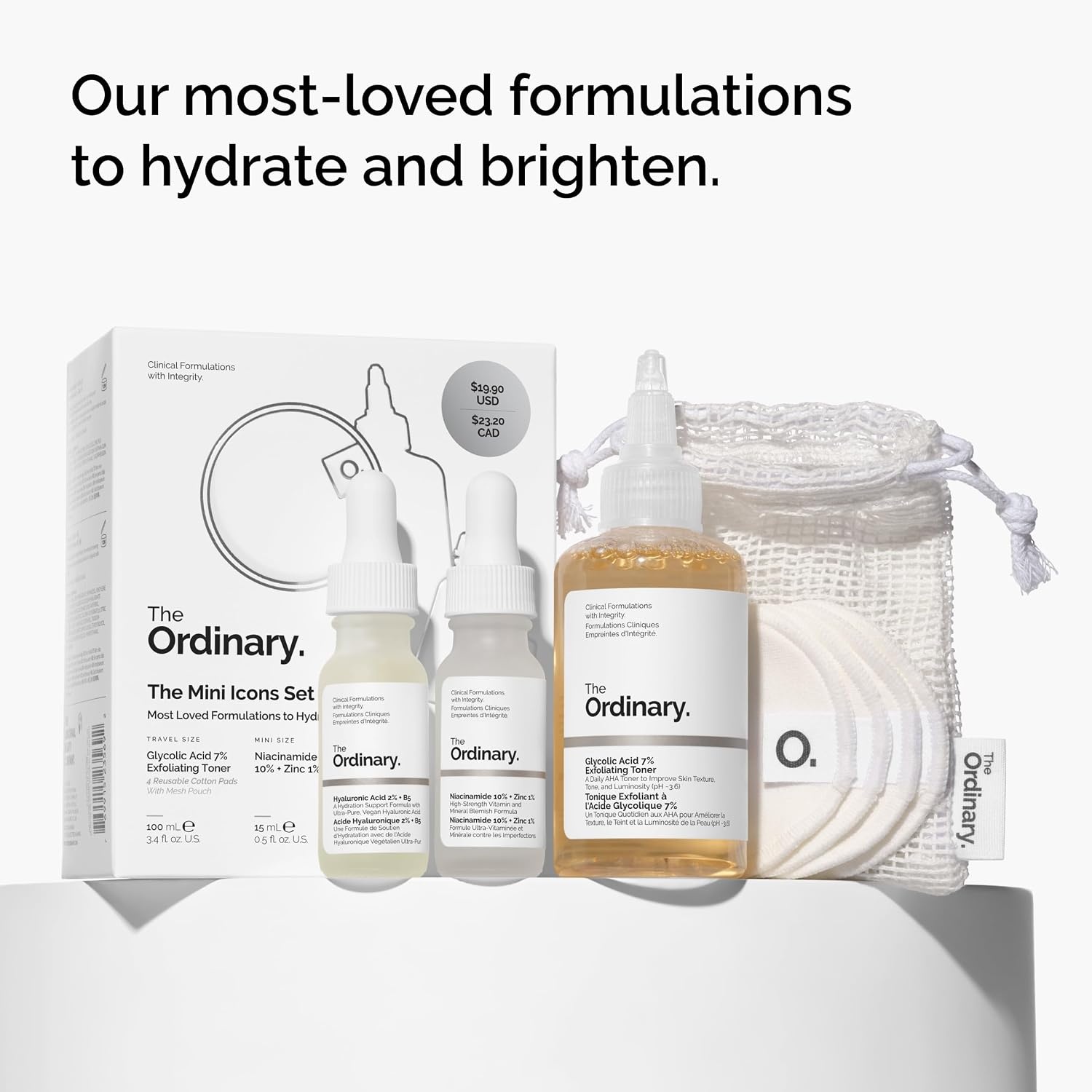 image:imageThe Ordinary The Mini Icons Set Travel Size Skin Care to Hydrate and Brighten Glycolic Acid 7 Exfoliating Toner Niacinamide 10 Zinc 1 Hyaluronic Acid 2 B5 4 Reusable Rounds