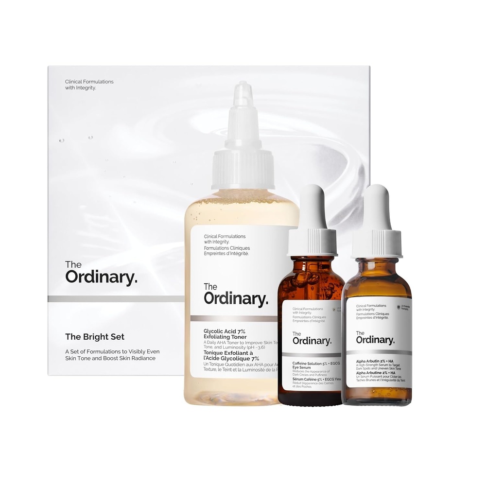 image:imageThe Ordinary The Bright Set 3Step Regimen for Radiant Even Skin Tone with Glycolic Acid 7 Exfoliating Toner Alpha Arbutin 2 HA and Caffeine Solution 5 EGCG Eye Serum Skin Care Set
