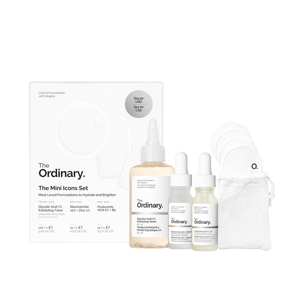 image:imageThe Ordinary The Mini Icons Set Travel Size Skin Care to Hydrate and Brighten Glycolic Acid 7 Exfoliating Toner Niacinamide 10  Zinc 1 Hyaluronic Acid 2  B5 4 Reusable Rounds